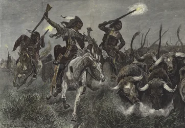 Indios norteamericanos llevando ganado a un rancho